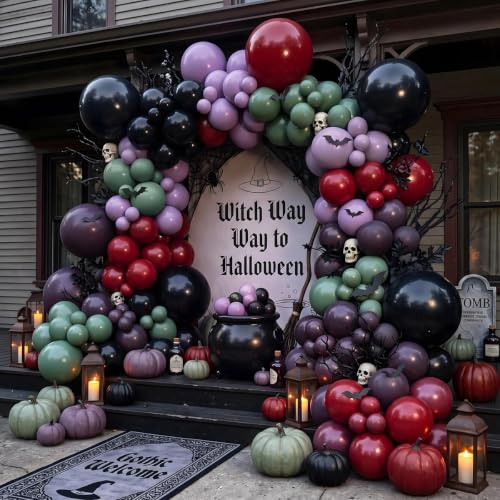 Halloween Balloon Arch Kit - Sage Green Purple Red with Bat Stickers - Variation of Green Purple Red Halloween