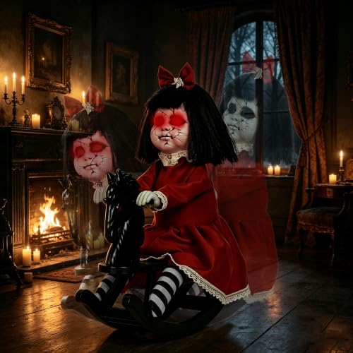 Red Halloween Animatronic Girl Doll on Rocking Horse with Lights & Sound - Indoor Outdoor Decor
