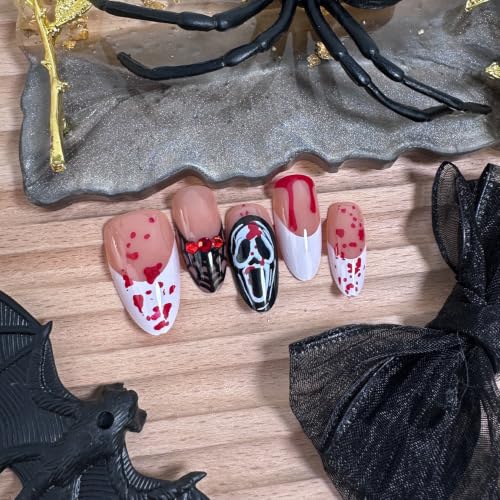 Halloween Press On Nails Almond Bloody French Tip Spider Web Ghost Set - Colorful 9