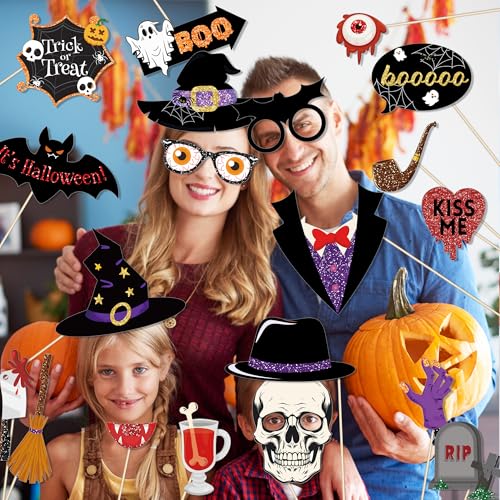 30Pcs Halloween Photo Booth Props Kit - Pumpkin Witch Ghosts Party Decorations for Kids & Babies