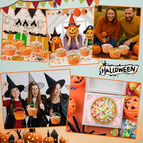 Potchen 12 Pcs Halloween Pumpkin Baskets Bulk Trick or Treat Candy Buckets - Orange & Green