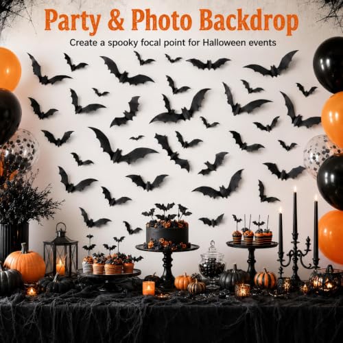 Halloween Bat Wall Decals Set - 120 3D Black Stickers for Indoor & Outdoor Decor