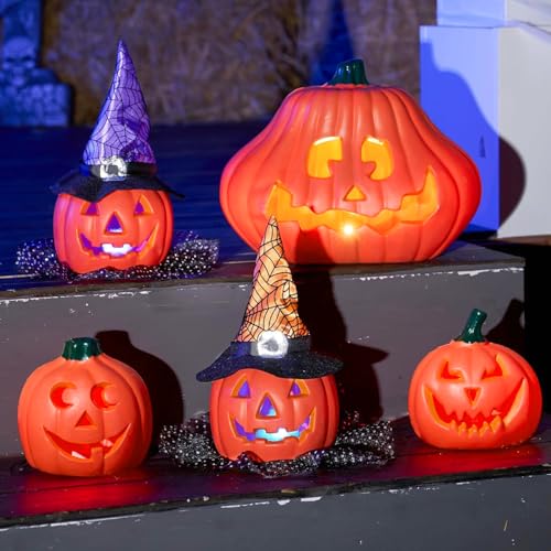 Halloween Pumpkin Decorations Set - Light-Up Plastic Jack O' Lanterns for Indoor Outdoor Display