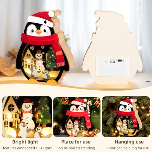 Penguin Christmas Ornament with Wooden Snowman Scene - Black Variation