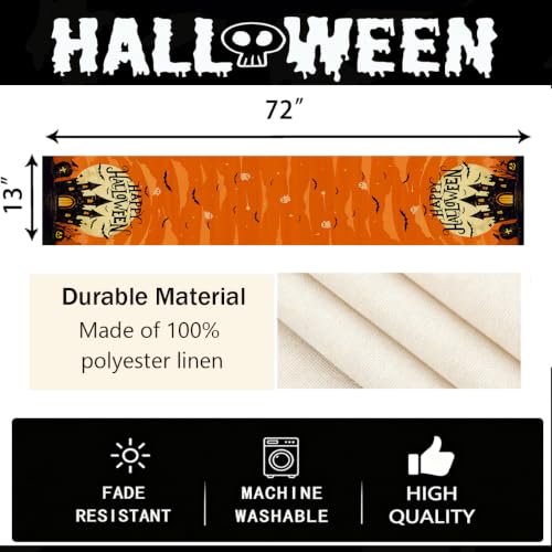 Halloween Table Runner 13x72 Inch Haunted Castle Design - Orange, Spooky Decor