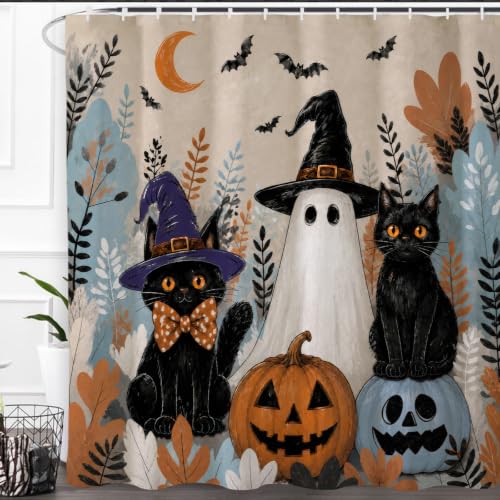 Ghost Black Cat Halloween Shower Curtain 72x72 Inch - Waterproof & Durable Fabric