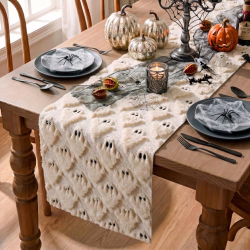 Halloween Ghost Table Runner Beige Plush 13x72 Inch Fall Decor - Variation of Ghost