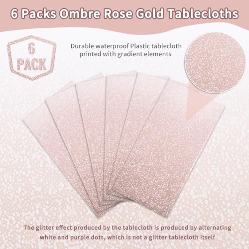 Ombre Rose Gold Tablecloths - 6 Pack 54x108 Inch Glitter Disposable Cover