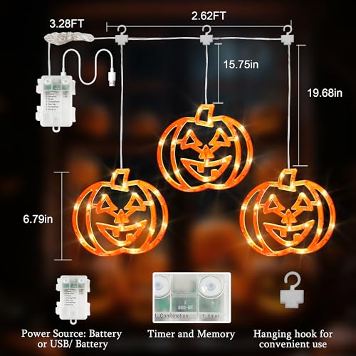 Orange Halloween Pumpkin Window Lights 3 Pack - 48 LED Dual Power USB & Battery Operated