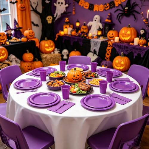 Purple Plastic Party Plates and Napkins Set for Birthday & Halloween - 50 Pack