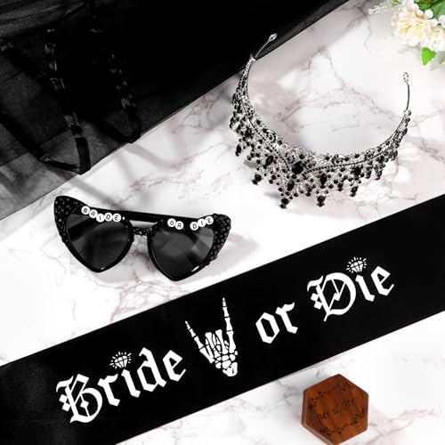 Gothic Bride Bachelorette Party Decorations Set - Black Tiaras Veil Sash & Glasses