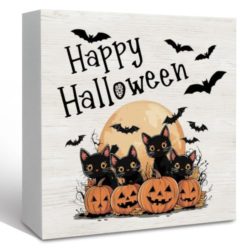 Happy Halloween Cat Pumpkin Wooden Sign - Fall Desk Decor, 5x5 Inch, Happy Cat Variation