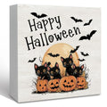 Happy Halloween Cat Pumpkin Wooden Sign - Fall Desk Decor, 5x5 Inch, Happy Cat Variation