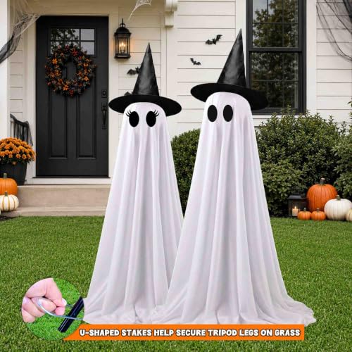 63 Inch Ghost Halloween Decoration Kit with Light-Up Witches Hat & Remote Control Lights - Spooky Outdoor Yard Porch Decor - 2 Pack