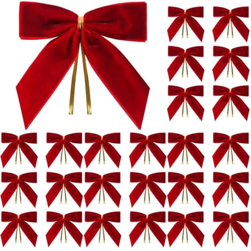 Red Velvet Christmas Tree Ornaments - Pre-Tied Bow Set for Holiday Decorations