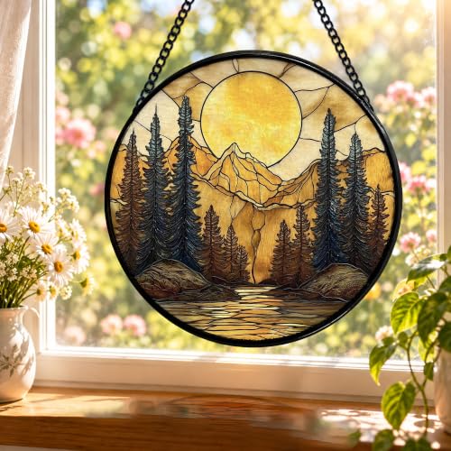 Mountain Sunset Stained Glass Window Hanging - Nature Forest Suncatcher - Color03 - 7.9 Inch