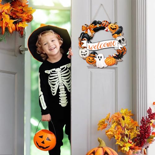 Halloween Wooden Door Sign Welcome Wreath - Spooky Holiday Decor
