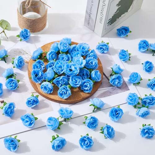 Light Blue Artificial Rose Heads 1.3 Inch Mini Fake Flowers for DIY Decor - 100Pcs