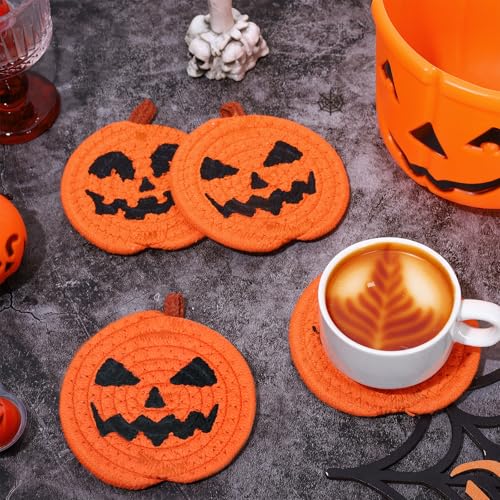 Halloween Pumpkin Coasters - Handmade Braided Cotton Set, Orange & Black, 4.7 Inch - Variation of THIS listing