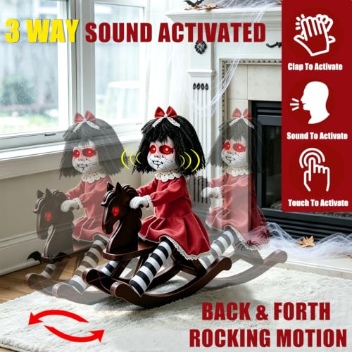 Halloween Animatronic Girl Doll on Rocking Horse with Lights - Multicolor