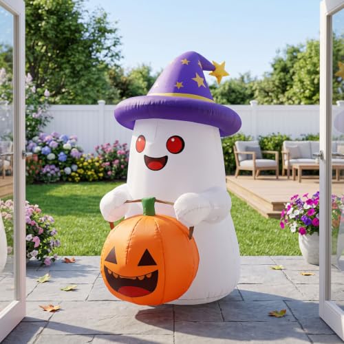 5 FT Inflatable Ghost with Pumpkin Halloween Decor LED Lights Outdoor Indoor