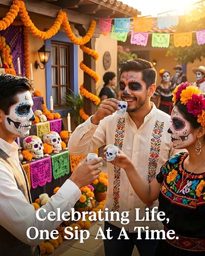 White & Blue Skull Shot Glasses Set of 4 - Día de los Muertos Handcrafted Ceramic Skull Glasses 2oz