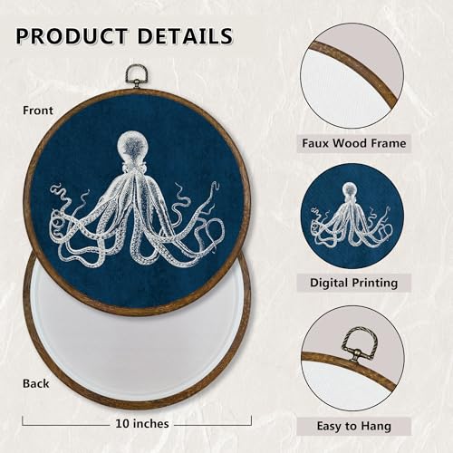Navy Blue Coastal Octopus Wall Art Decor - Round Canvas for Living Room & Bathroom