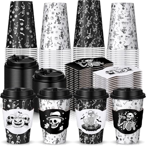 Halloween Skeleton 12 oz Disposable Coffee Cups with Lids & Sleeves - Pack of 100