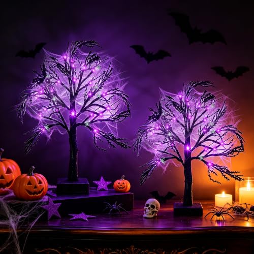Halloween Indoor Tree with Purple Lights and Spiders - Creepy Decor