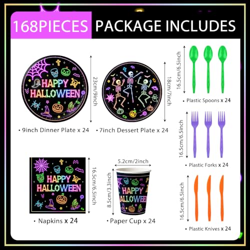 Neon Halloween Party Supplies Set - 168 Pieces for 24 Guests