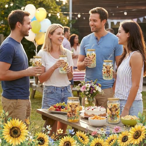 Highland Cow Glass Cups with Lids & Straws - Sunflower Farmhouse 16oz 6-Pack