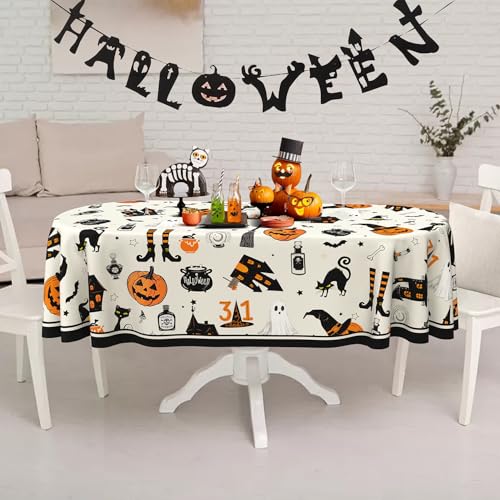 Oval Halloween Tablecloth 60x120 Inch - Horror Pumpkin Castle Skull Waterproof Polyester