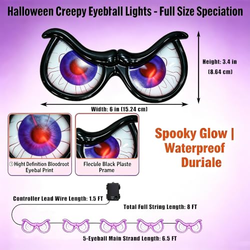 Lighted Halloween Eyes String Lights - Spooky Indoor Outdoor Decor, Waterproof, Timer, 10 Pairs