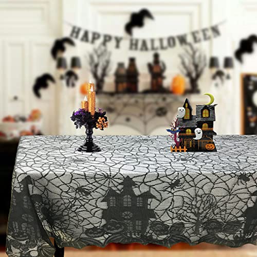 Gothic Black Lace Spider Web Halloween Tablecloth - 53x68 Inches, Spooky Party Decor