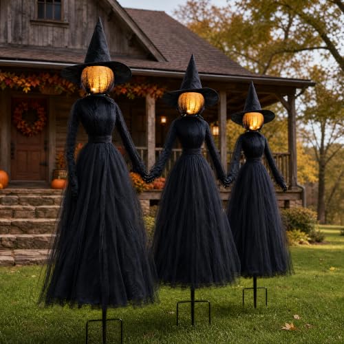 Halloween Witch Decorations Outdoor Set - 6 FT Black Holding Hands Witches with Glowing Faces, Lighted Yard Prop