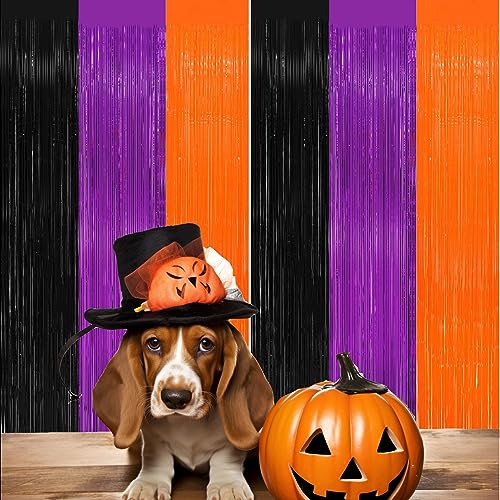 Halloween Foil Fringe Curtain Set - Black, Orange & Purple Metallic Tinsel Streamers for Party Decor