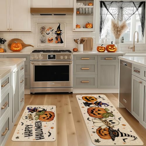 Halloween Ghost Kitchen Rugs Set of 2 - 17x29 & 17x47 Inches, Black Cat Variation
