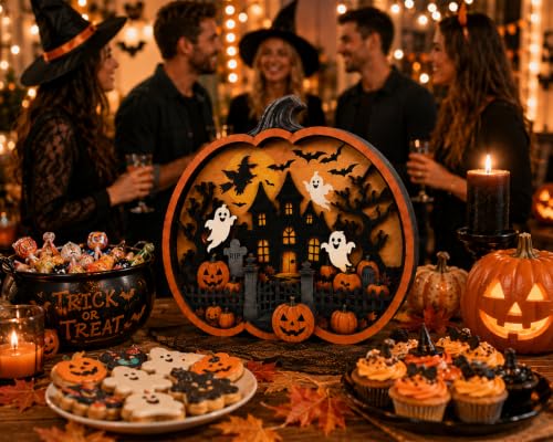 Halloween Pumpkin Sign - Rustic 3D Wooden Fall Decor for Tabletop & Shelf