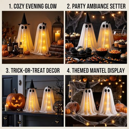 Lighted Ghost Halloween Decorations Set - 2PCS Warm White Spooky Decor for Table Mantel Shelf