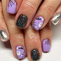 Halloween Short Press On Nails with Bat Ghost Spider Web Design - Purple 31