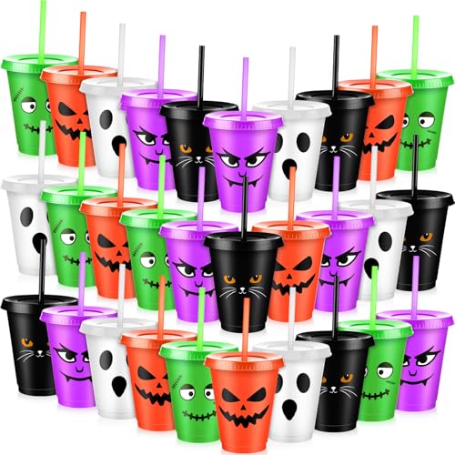 Reusable Halloween Plastic Cups with Lids & Straws - 16 oz Party Set