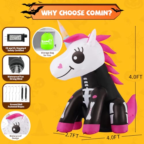 Halloween Inflatable Skeleton Unicorn Decor with LED Lights - 4Ft Pink Yard Decoration