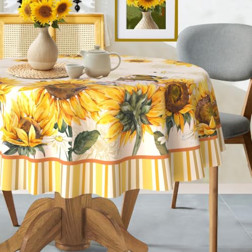 Sunflower Round Tablecloth 60 Inch - Summer Dining Decor, Wrinkle-Resistant