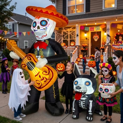 6 FT Halloween Inflatable Skeleton with Mariachi Guitar & Puppy - Outdoor Decor, Bright LEDs, Festive Yard Display (Skeleton)