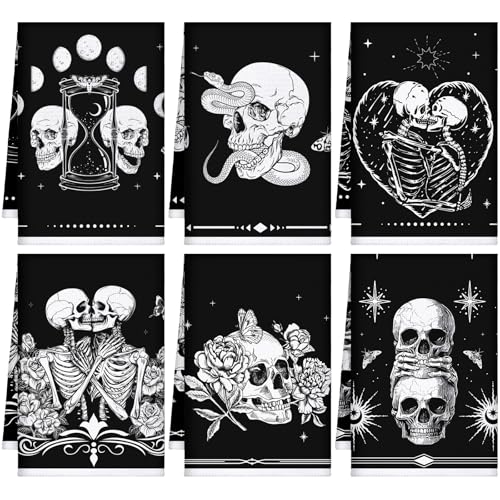 Halloween Skeleton Kitchen Towels - Black Skull Kiss Variation, 6 Pack