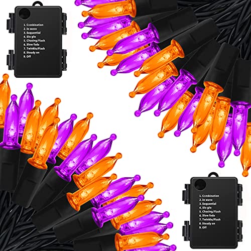 Halloween Battery String Lights 2 Pack - Orange & Purple 50 LED Mini Lights, 17ft