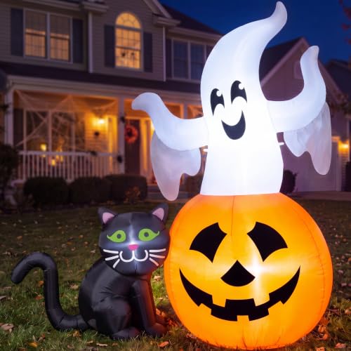Halloween Inflatable Ghost with Pumpkin and Black Cat - Lighted Yard Decor - 5FT Outdoor Halloween Decoration - White, Orange & Black