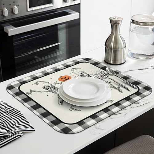 Halloween Skeleton Dish Drying Mat for Kitchen Counter, 16x18 Inches, Black & White Buffalo Plaid