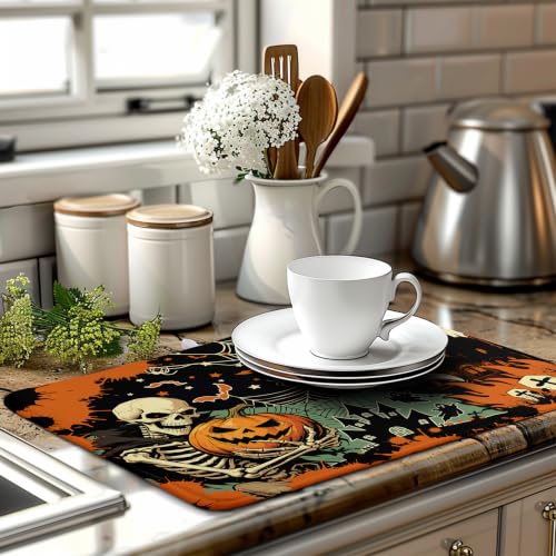 Halloween Ghost Skeleton Dish Drying Mat 18x24 Inch for Kitchen Counter - Spooky Fall Design