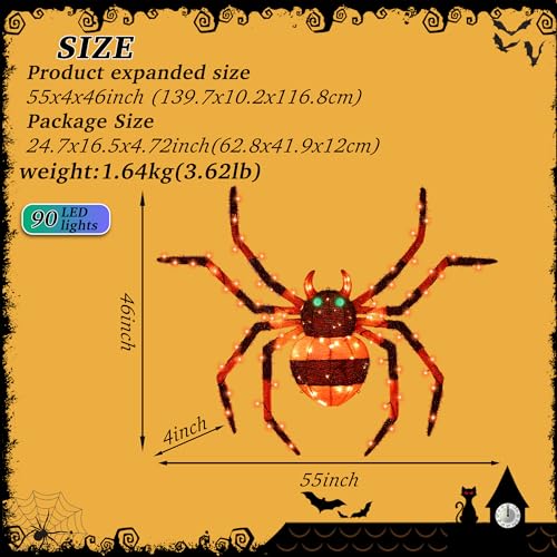 Giant 4.6Ft Halloween Light-Up Spider with 90 LED Lights - Outdoor Porch Decor - ZZ-006